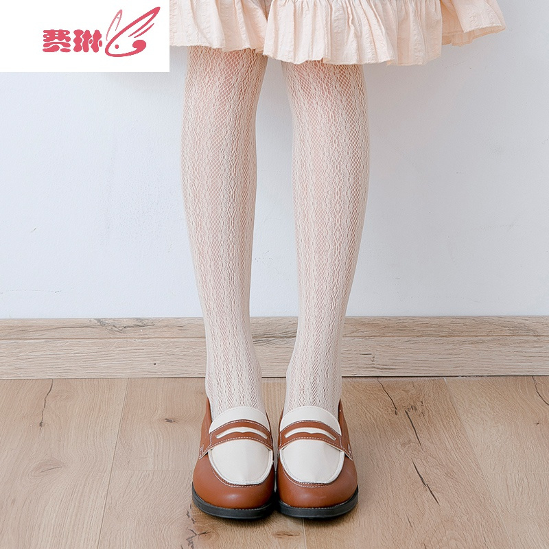 日系白色lolita丝袜子少女蕾丝打底洛丽塔连裤袜过膝显瘦印花长筒 费琳