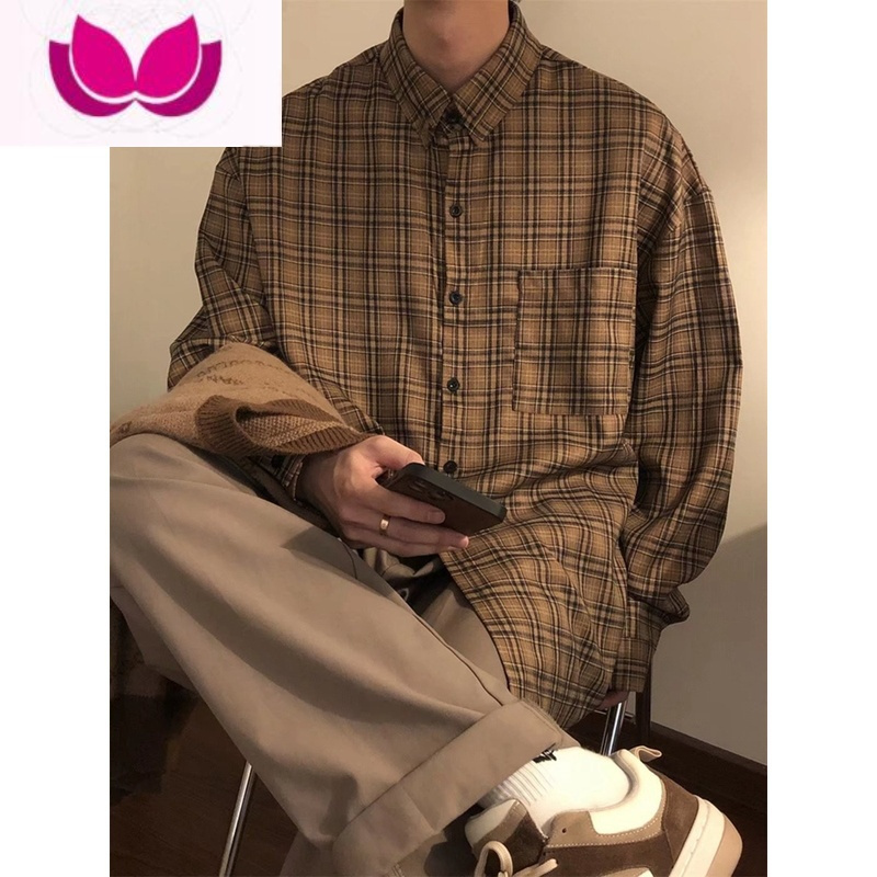 七斓日系高级感条纹打底叠穿内搭格子衬衫男美式vintage复古长袖衬衣