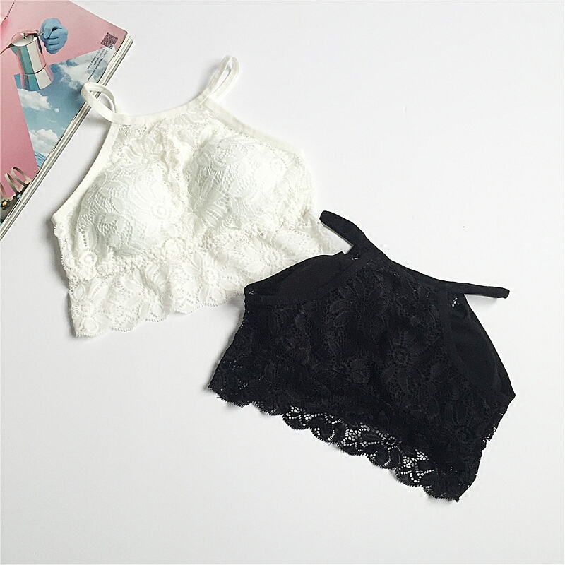 黑色蕾丝抹胸女性感少女挂脖带裹胸文胸短款学生打底内衣白色单件均码