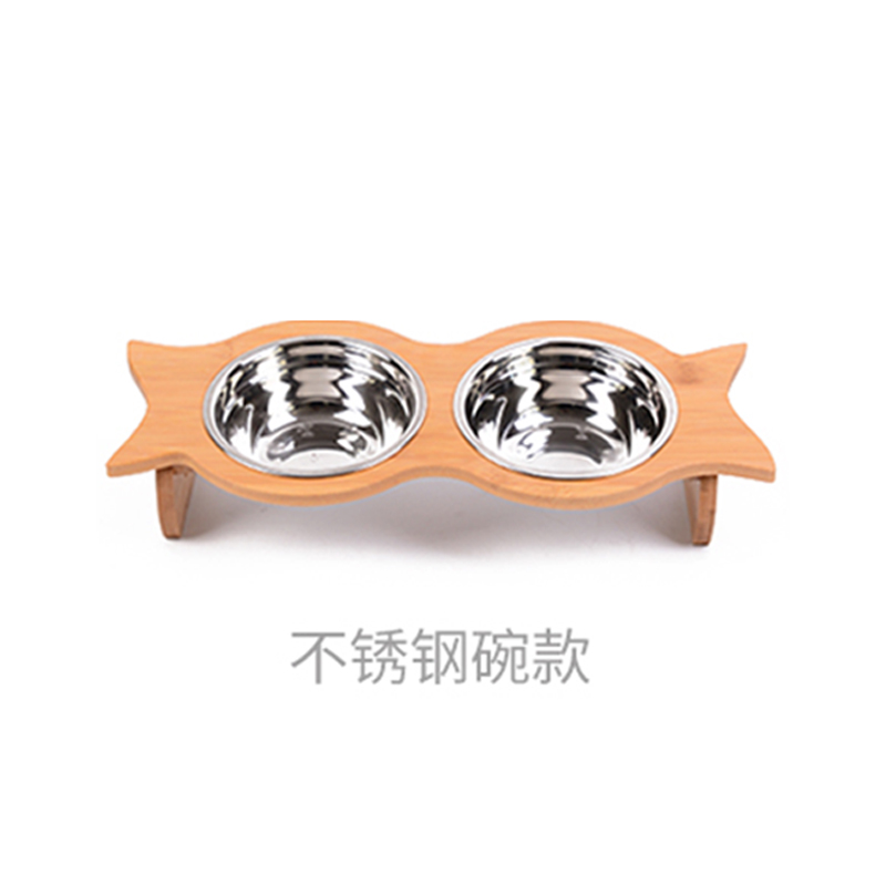 猫碗猫食盆陶瓷双碗狗单碗悬挂不锈钢宠物碗饮水保护颈椎猫咪用品 不锈钢竹木餐桌下单备注刻字内容 M-中型