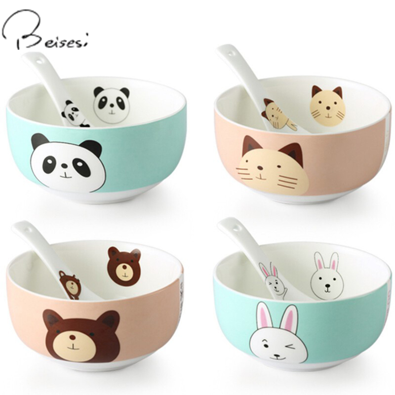 贝瑟斯陶瓷碗家用饭碗创意卡通碗儿童碗可爱风4碗4勺学生碗视频
