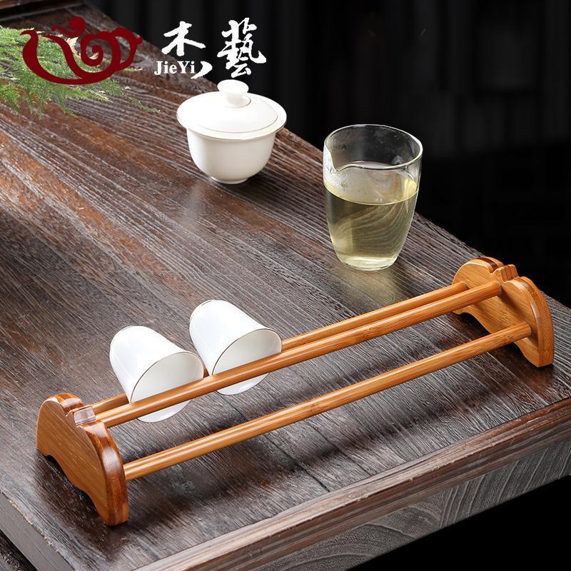 [竹制杯架]长排6格 黑檀木功夫茶杯收纳架单层晾杯架茶具沥水置物架实木杯托茶道配件