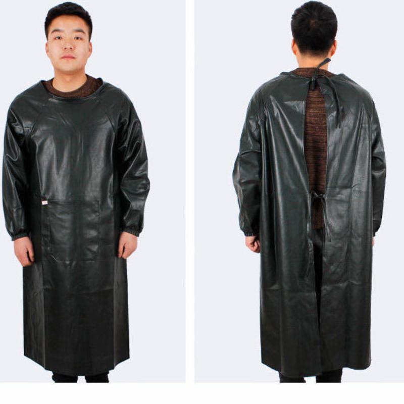 黑色90cm左右防水防油pu皮革罩衣防水防油皮围裙长袖工作服男女软皮反