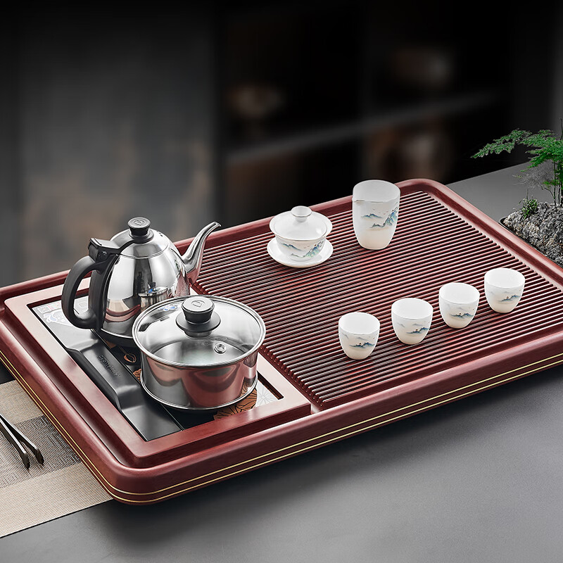 金灶 适家霓电木茶盘排水托盘茶具套装轻奢现代茶台沥水盘家用德料茶海 红[金边]80*50配金灶G9自动旋高清大图