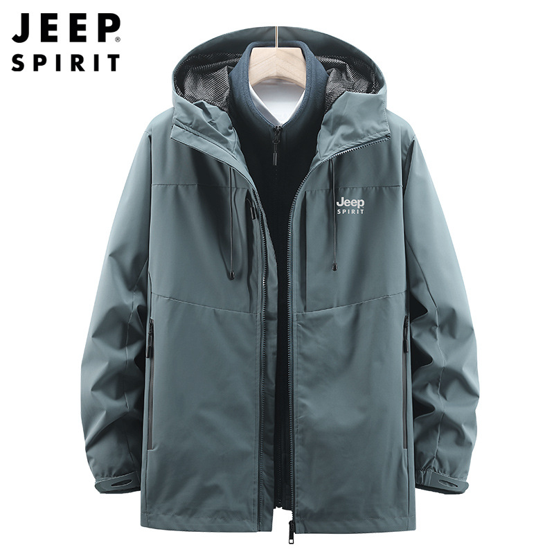 吉普JEEP秋冬内胆棉衣男冲锋保暖外套户外三合一加厚两件套男装 5XL 蓝灰色