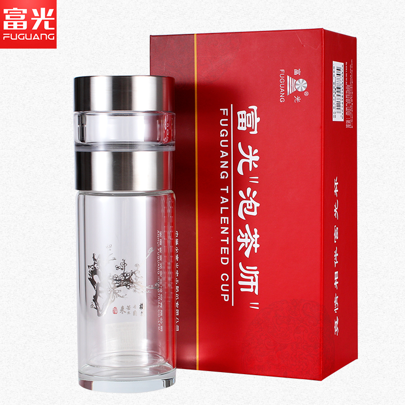 富光(FGA)泡茶师双层水晶玻璃杯隔热防漏带盖茶仓透明男士茶杯 山水有情(银色)