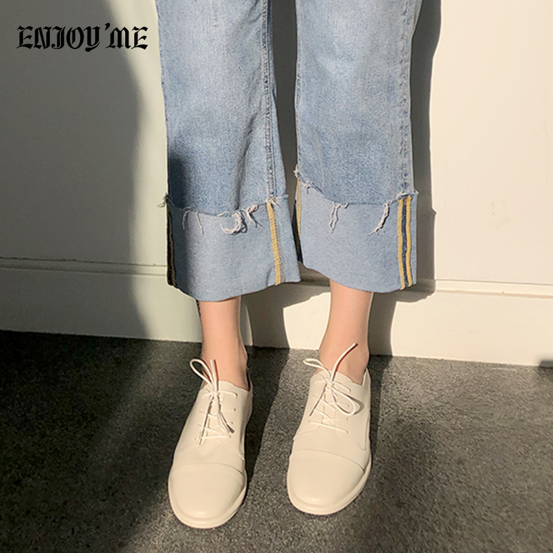 ENJOY’ME圆头皮边绑带板鞋牛津小皮鞋20春季新款女鞋