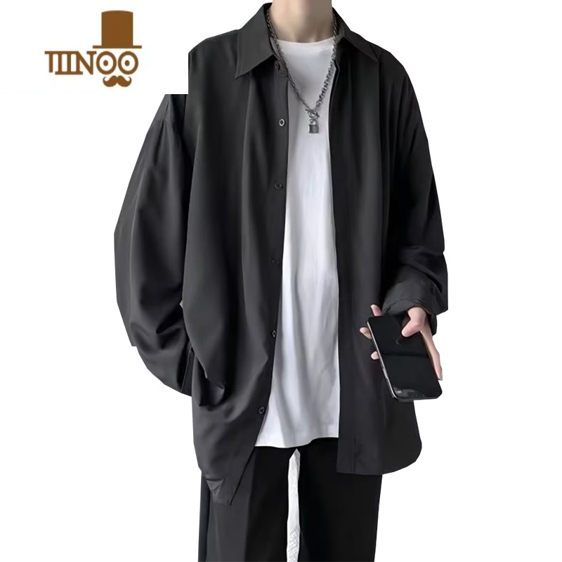 YANXU垂感衬衫男士长袖秋季外套翻领宽松潮流ins百搭港风痞帅黑色衬衣高清大图