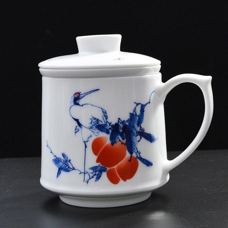 景德镇陶瓷杯手绘茶具青花瓷陶瓷办公杯茶杯水杯松鹤寿桃680ml