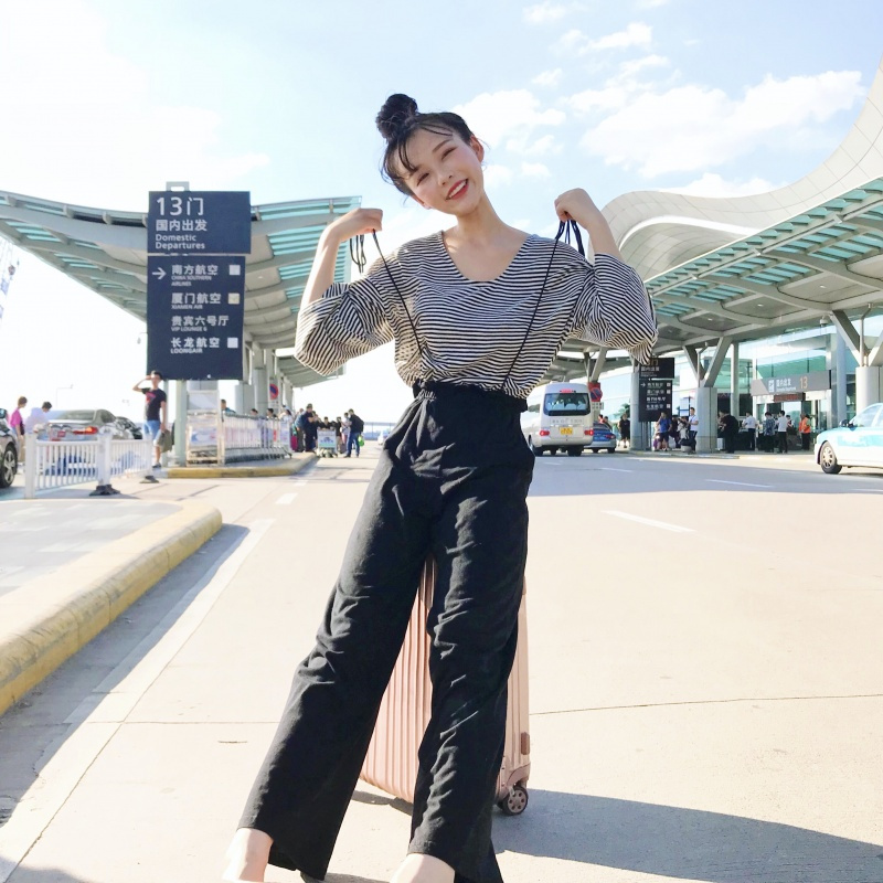 套装秋装女2018新款韩版条纹T恤背带高腰阔腿休闲裤时尚两件套潮