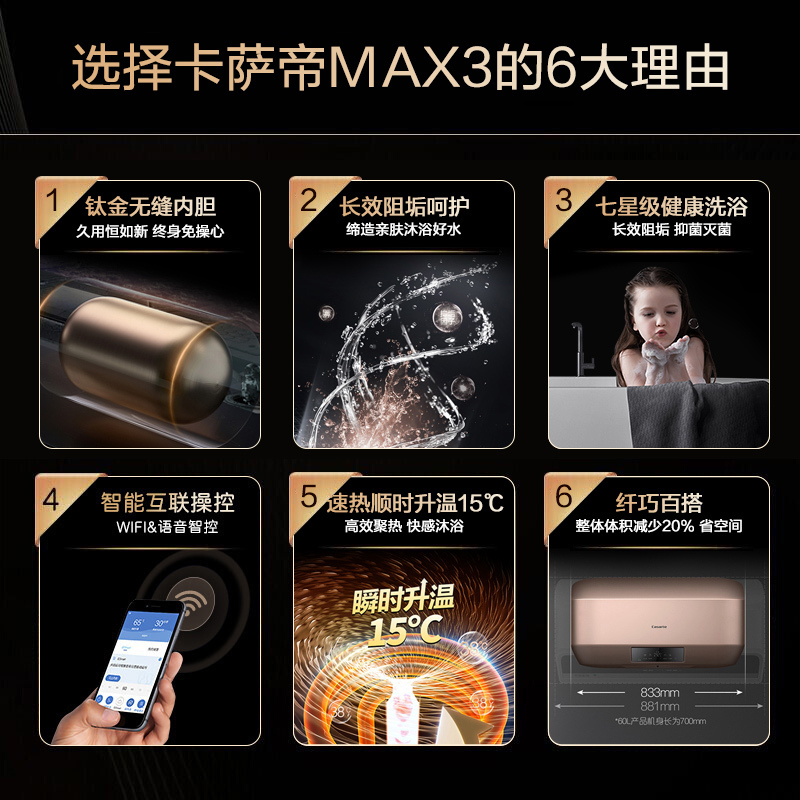 Haier/海尔 卡萨帝60升电热水器 七星级洗浴 钛金无缝胆 TURBO聚能速热 空间大师CEC-60MAX3(U1)