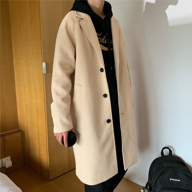 YUANSU胖子中长款风衣男宽松大码韩版潮流百搭过膝毛呢大衣秋冬翻领外套风衣