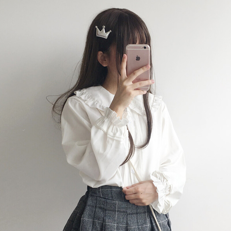 春夏女装少女宽松显瘦木耳边娃娃衬衫+ulzzang格子短裙百褶裙白色均码