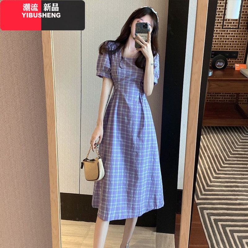 YIBUSHENG夏季2021年新款大码女装胖mm茶歇桔梗法式方领连衣裙子设计感小众高清大图
