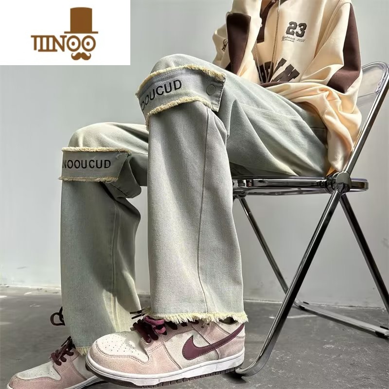 YANXU美式高街做旧牛仔裤男设计感毛边贴布直筒裤ins潮牌复古阔腿裤筒高清大图