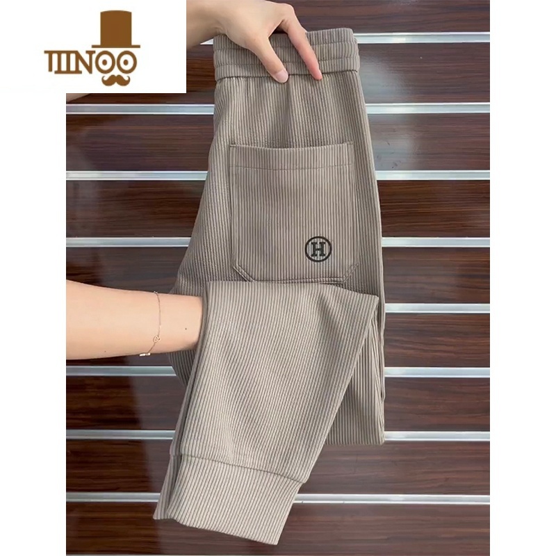 YANXU2023秋季新款泡泡条时尚休闲裤男潮流百搭条绒小脚卫裤弹力哈伦裤