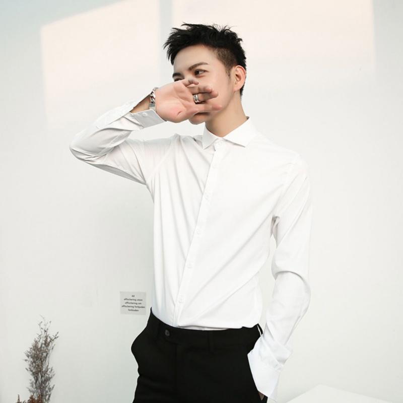 新款黑色微弹衬衫男长袖韩版坠感制服外套春秋季休闲男装白衬衣高清大图