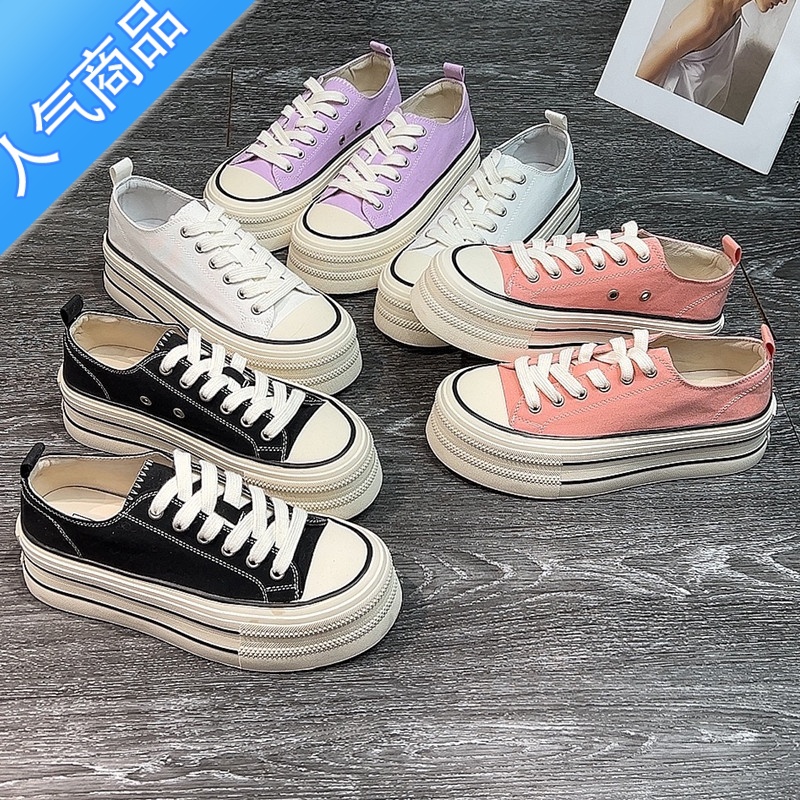 SUNTEK粉色厚底帆布鞋女2023春夏新款增高软底低帮板鞋黑色百搭学生布鞋高清大图