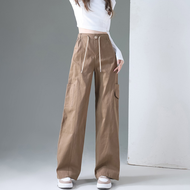 唐狮工装长裤女时尚潮酷工装休闲裤抽绳阔腿工装裤棕色复古学院长裤
