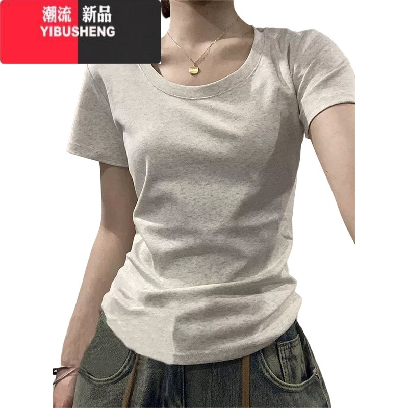 YIBUSHENG大码正肩短袖t恤女季2024新款显瘦体恤白色内搭高级感休闲上衣