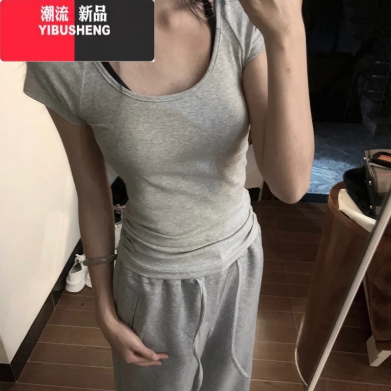 YIBUSHENG美式休闲灰色打底插肩袖T恤女2024季基础款百搭显瘦短袖上衣E高清大图