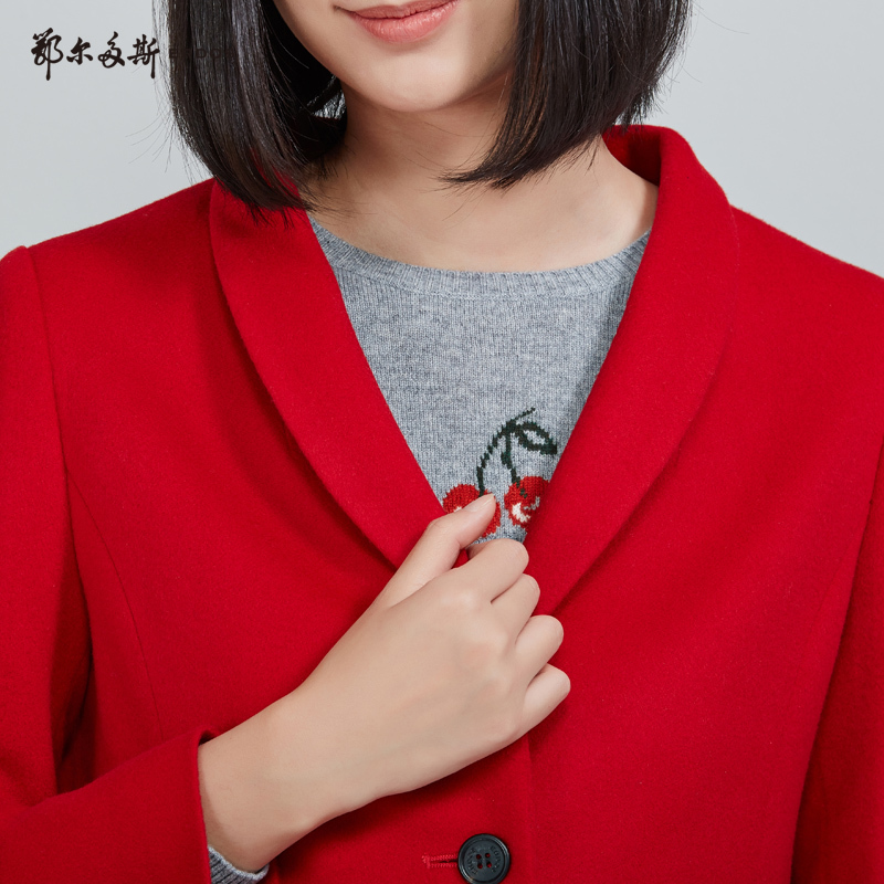 鄂尔多斯ERDOS 秋冬羊绒羊毛翻领单排扣中长款大衣毛呢外套女