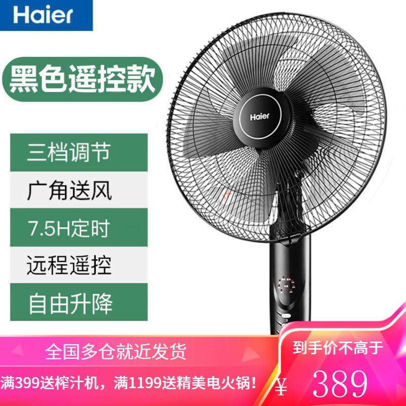 海尔电风扇落地扇家用立式遥控节能省电大风力宿舍卧室电扇 黑色遥控