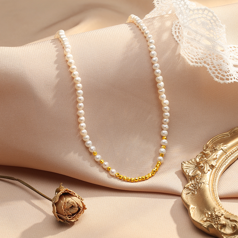 潮宏基轻法式系列闪耀金足金珍珠项链黄金cnc古法蹦迪珠淡水珠