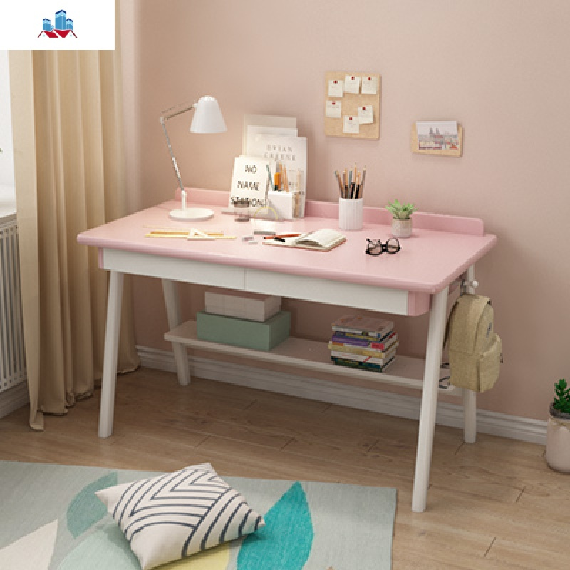 粉色实木书桌简约北欧白色女孩电脑桌少女心儿童家用学生卧室桌子泰