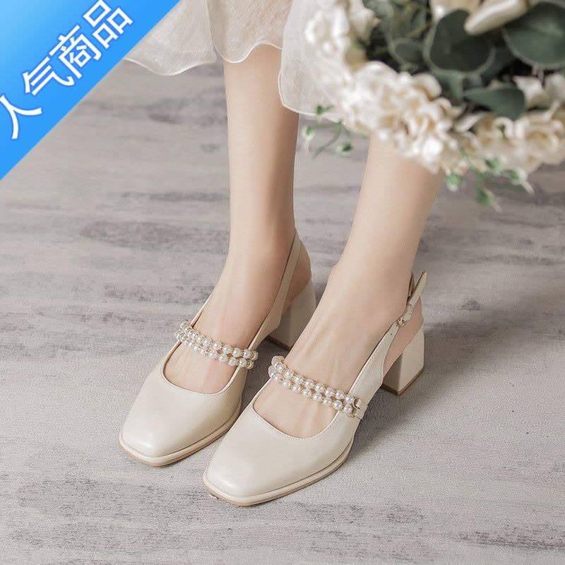 SUNTEK包头凉鞋女2023春秋新款仙女风配裙子珍珠粗跟单鞋中跟玛丽珍女鞋图片