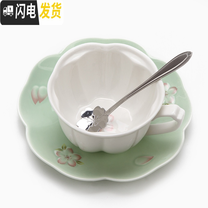 三维工匠日式少女樱花陶瓷咖啡杯咖啡杯碟套装欧式杯碟下午茶杯碟配杯架 1杯1碟赠钢勺(绿色)咖啡器具高清大图