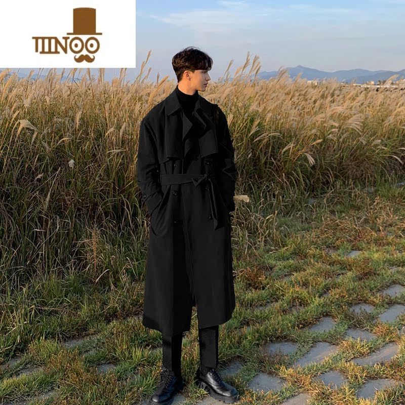 YANXU韩版风衣男中长款潮流宽松过膝英伦双排扣外套加厚休闲大衣图片