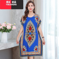 YIBUSHENG棉绸睡裙女大码中老年人季加肥加大妈妈长款睡袍宽松家居长裙家 均码建议80-180斤左右 扑克牌宝蓝色