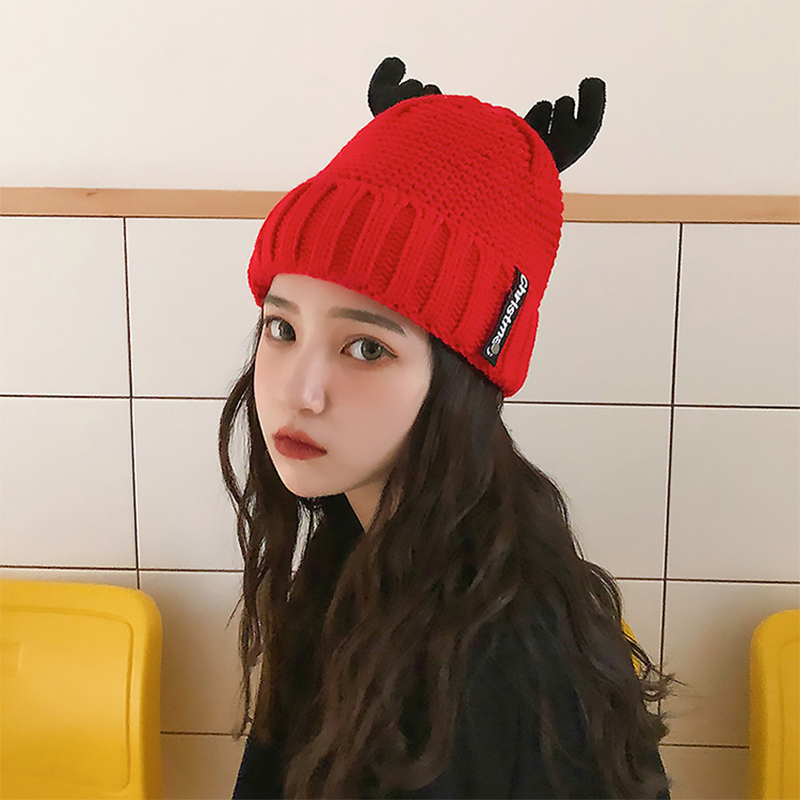[糖之梦芮]小鹿角针织帽保暖防风圣诞帽子