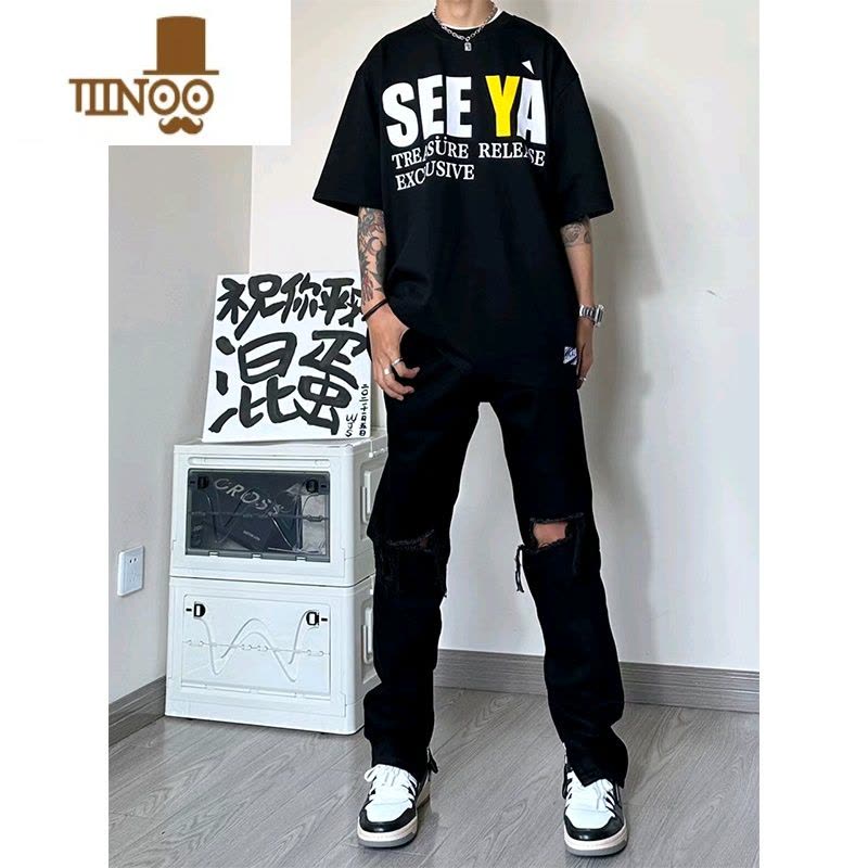 YANXU乞丐破洞牛仔裤男生黑色直筒修身长裤美式高街拉链开叉裤子图片