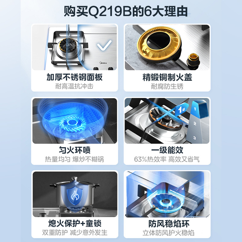 美的(Midea)铜火盖家用不锈钢灶具4.5大火力燃气灶双灶双眼灶Q219B猛火灶炉灶台嵌两用煤气灶液化气