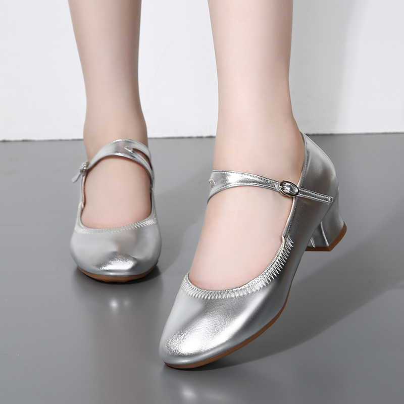 跳广场鞋夏天穿红色舞蹈鞋女粗跟真皮软底牛筋底跳舞鞋女四季