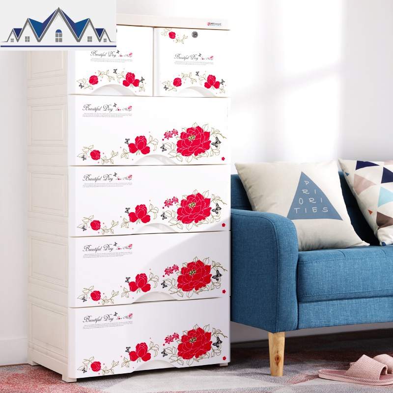 加厚58宽整理收纳柜子抽屉式塑料多功能储物柜家用衣柜多层五斗柜 三维工匠 A58印花-终身美丽5层【58*40*116cm】