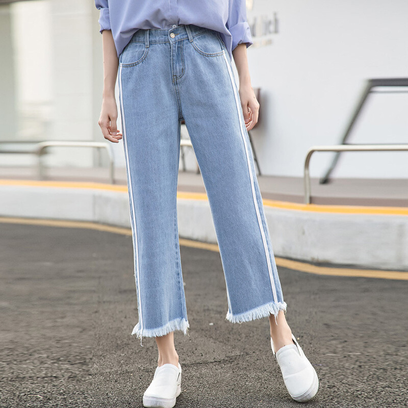 学生原宿阔腿牛仔裤女bf风2018春夏松紧腰宽松ulzzang九分裤