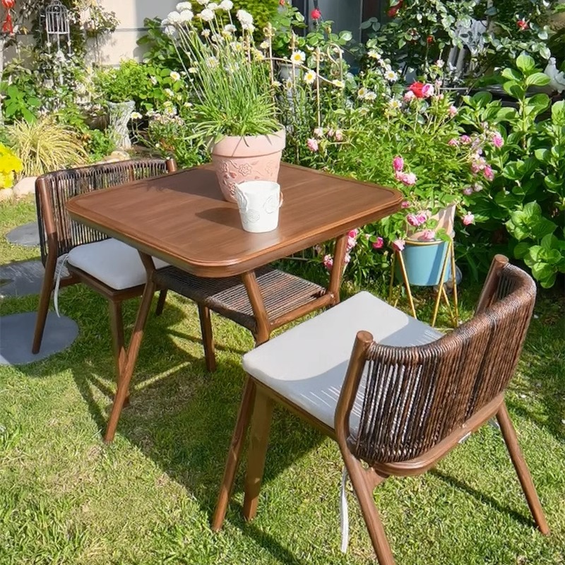 紫叶阳台小桌椅休闲茶桌椅一桌两椅现代简约网红小户型阳台收纳桌椅 2+1【方桌】桃木色+2坐垫