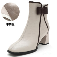 秋冬季新款粗跟中筒靴子女加绒棉鞋中跟尖头小短靴复古真皮鞋 米白单里 38