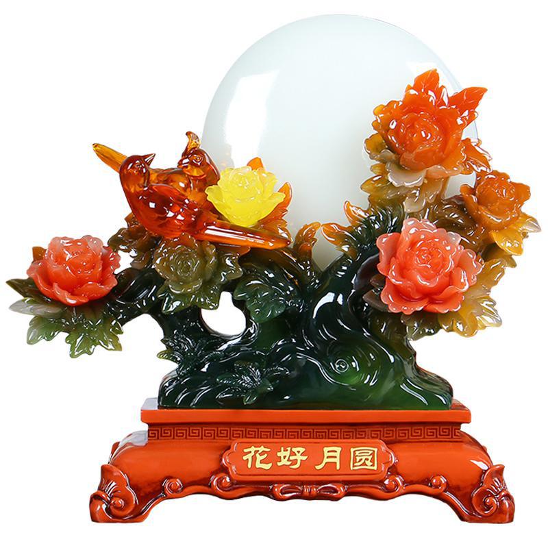美帮汇花好月圆牡丹花仿玉摆件鸳鸯鸟客厅工艺品家居创意结婚新房装饰品高清大图