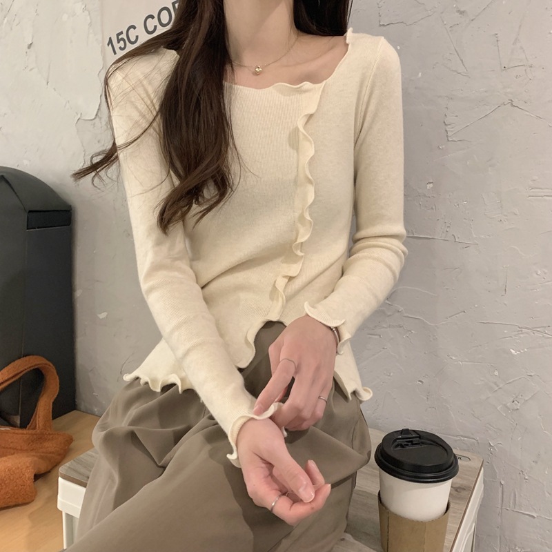 不规则开叉木耳边内搭针织衫女秋冬修身纯欲毛衣打底衫上衣