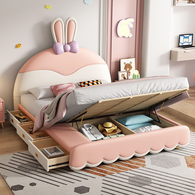 欧梵森儿童床女孩公主床卡通萌趣兔兔软包床现代简约卧室真皮床储物实木单双人床高清大图