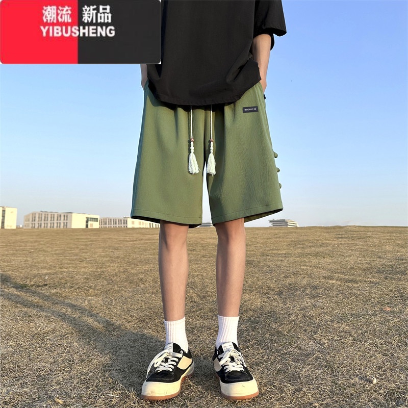 YIBUSHENG胖mm新中式盘扣短裤女2024新款季宽松休闲过膝五分中裤大码女装 军绿色 4XL190-210斤