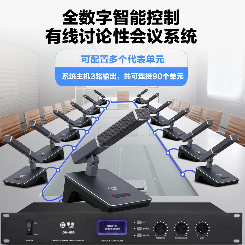 惠度(HuiDu)QH-660专业有线手拉手会议麦克风工程会议话筒 多功能会议室桌面方管麦克风一拖六高清大图