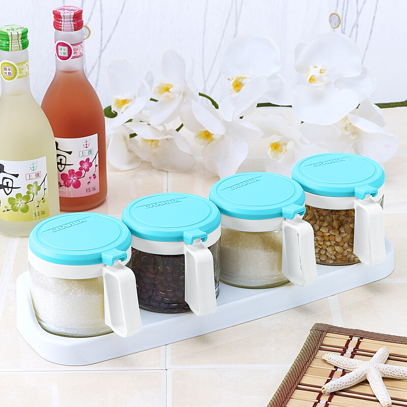 茶花调料盒厨房带盖调料罐子油壶盐罐调料组合套装家用玻璃调味罐三组圆形玻璃调味瓶(300ML)