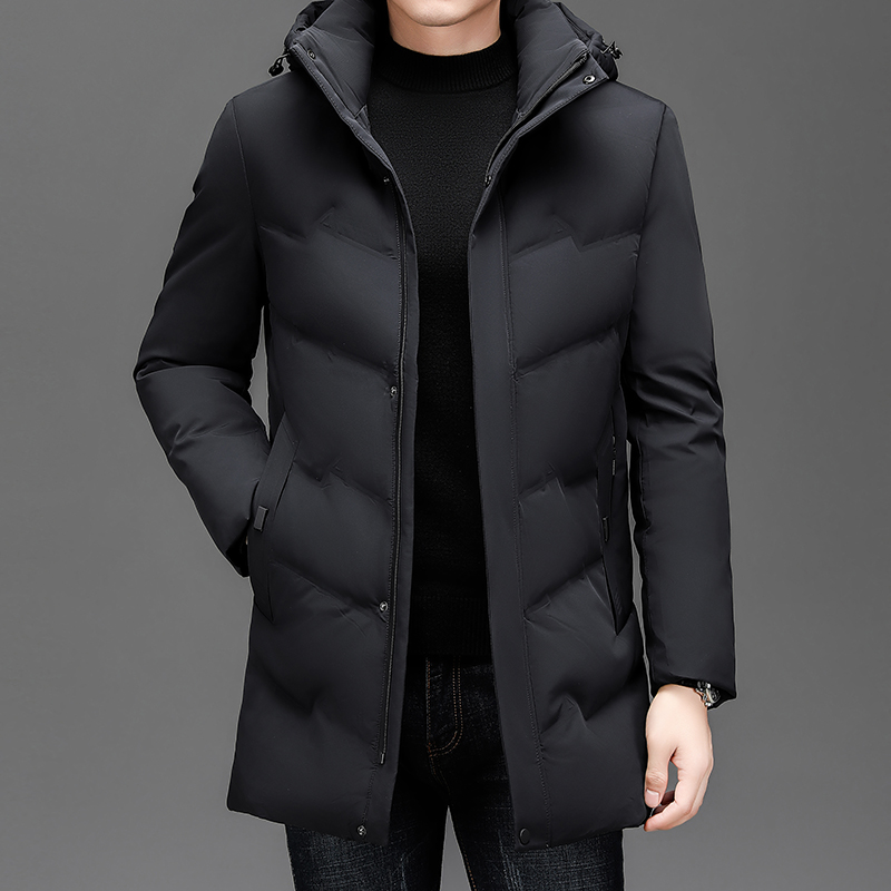 羽绒服男士冬季中长款2024冬装新款连帽潮牌加厚冬季新款连帽羽绒服男商务休闲纯色防寒保暖外套男高端白鸭绒外套可拆卸帽子 黑色 170/84A