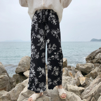 碎花雪纺休闲裤女夏2018薄款阔腿裤宽松韩版百搭学生高腰九分裤子黑牡丹均码