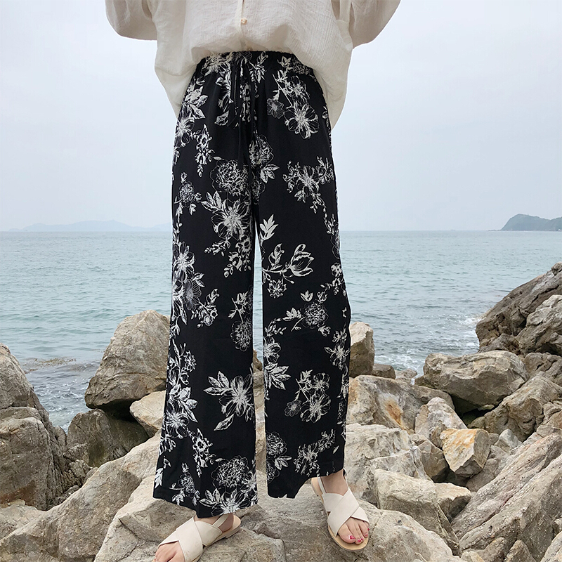 碎花雪纺休闲裤女夏2018薄款阔腿裤宽松韩版百搭学生高腰九分裤子黑牡丹均码